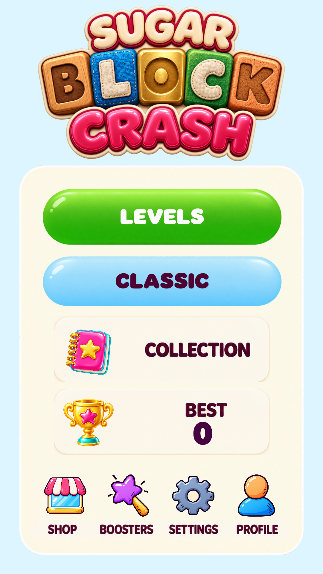 Sugar Block Crash ana menüsü